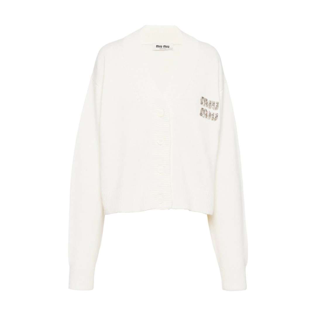 Crystal-embellished logo cashmere cardigan