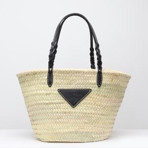 Woven Palm and Leather Tote Black
