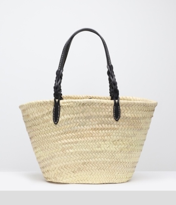 Woven Palm and Leather Tote Black