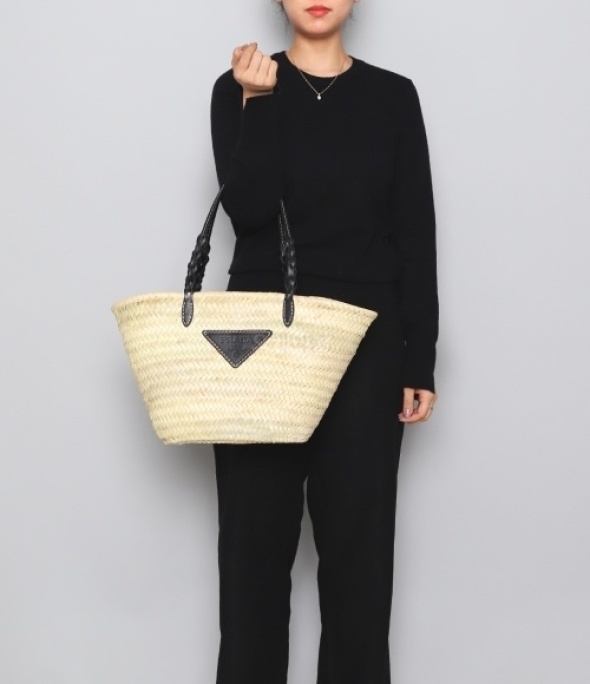 Woven Palm and Leather Tote Black