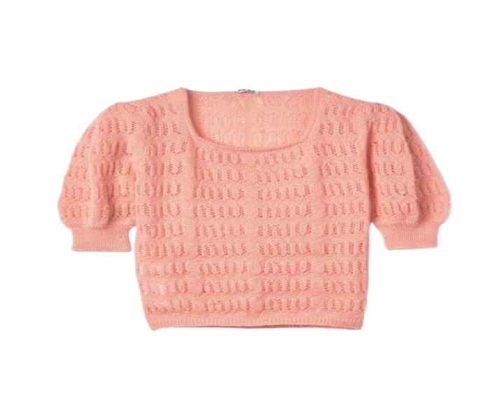  [Weekend Special] Women's Jacquard Balloon Crop Short Sleeve Knit - Pink