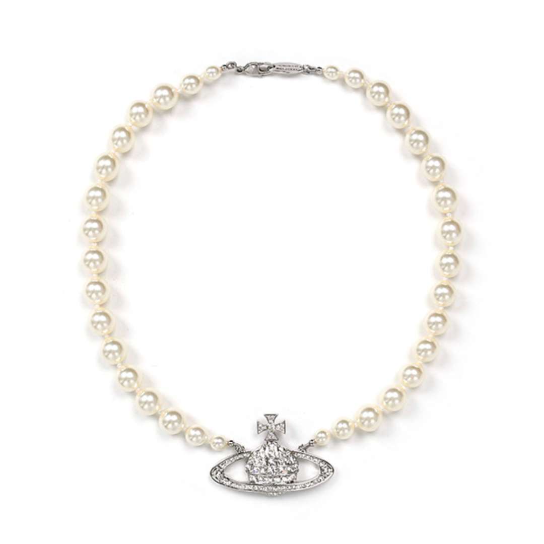 Vivienne Westwood One Row Pearl Bas Relief Choker Silver