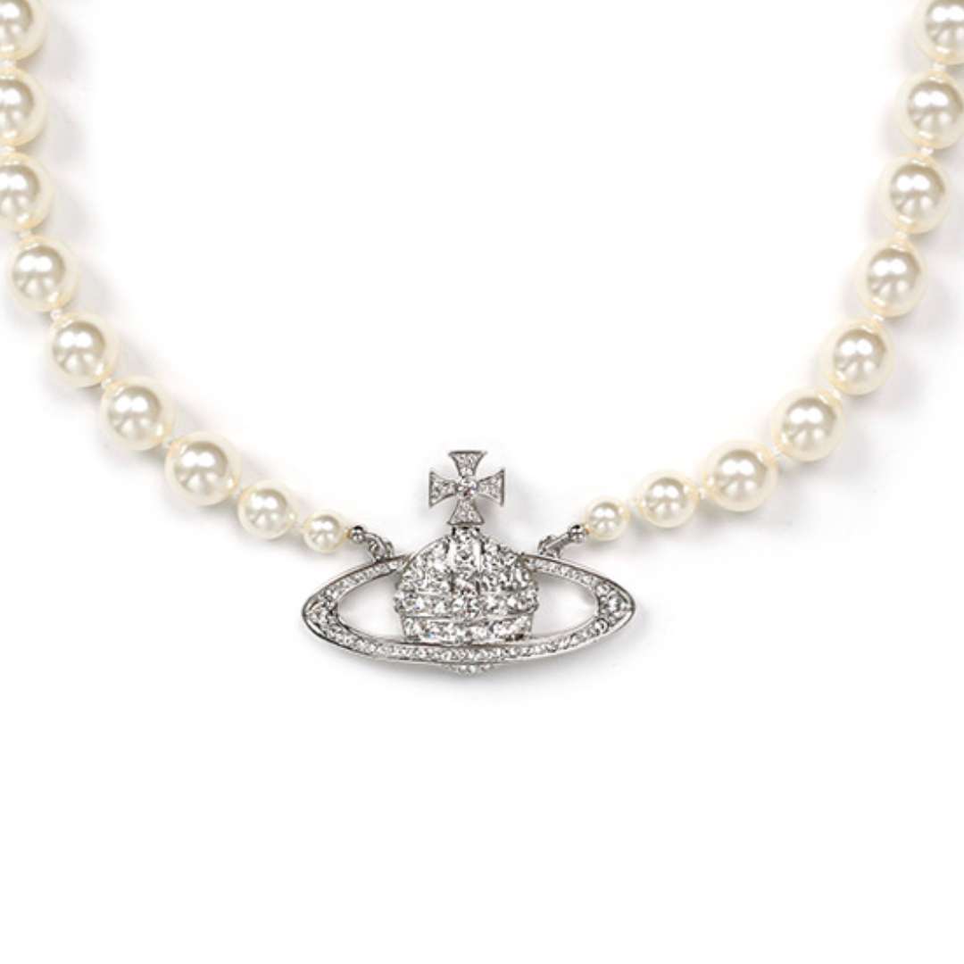 Vivienne Westwood One Row Pearl Bas Relief Choker Silver