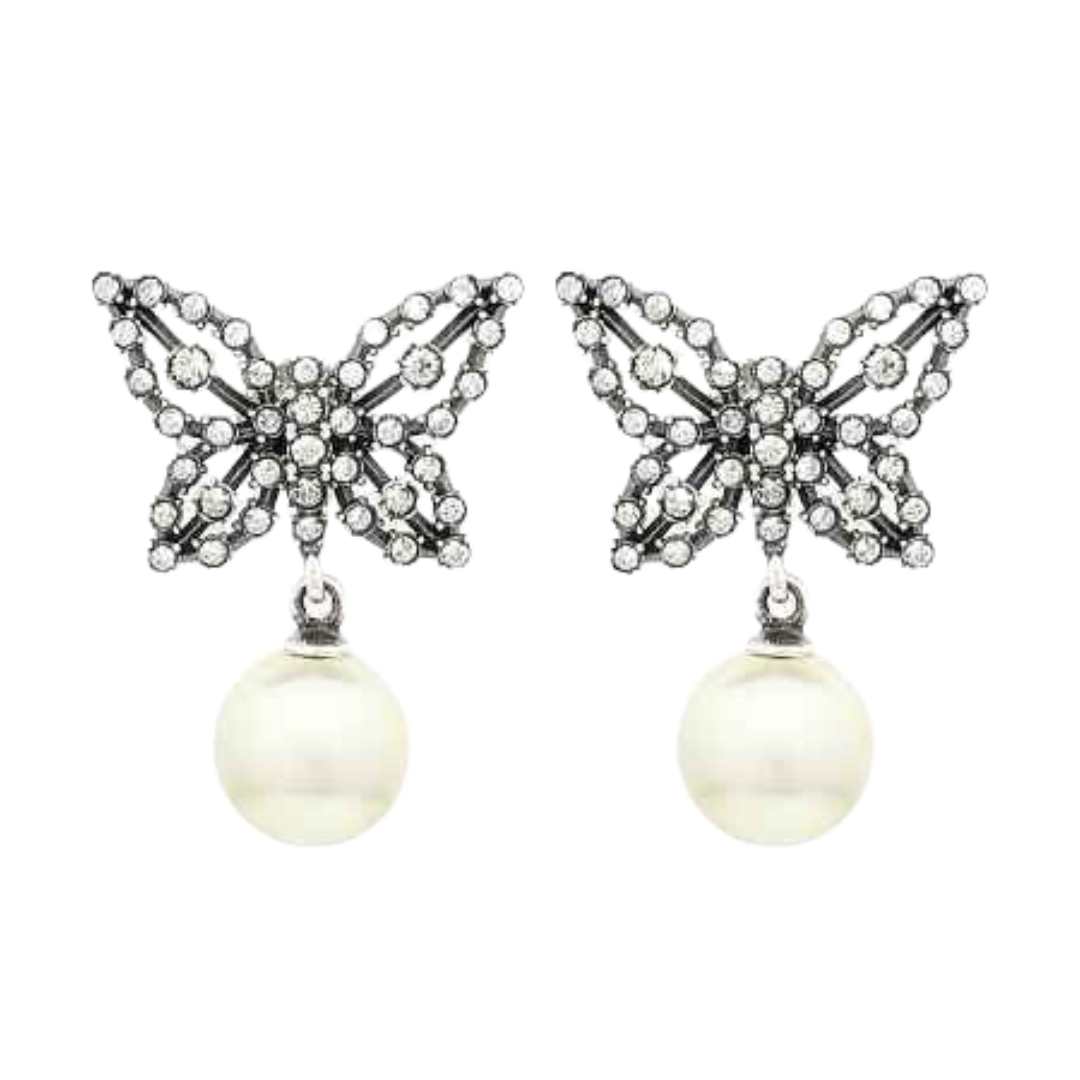 Papillon De Newt Antique Pearl Crystal Silver Earrings