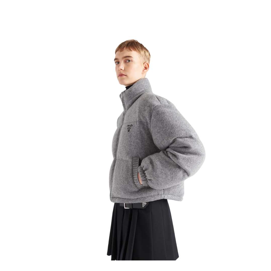 Boxy wool & cashmere knit puffer padded jacket