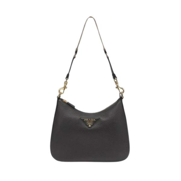 Women's Triangular Logo Leather Shoulder Bag - Black
