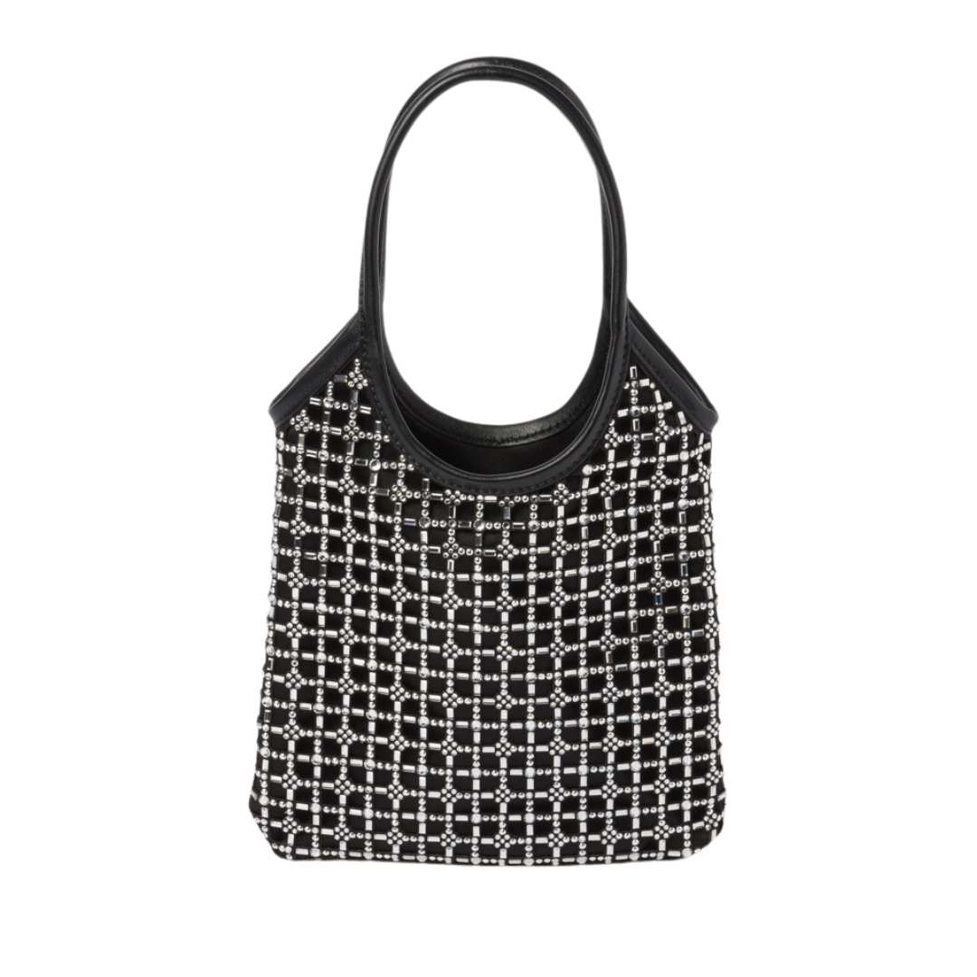 Faux crystal-embellished satin handbag