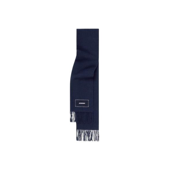 Jacquemus Lecharpe Fringe Logo Patch Scarf Navy